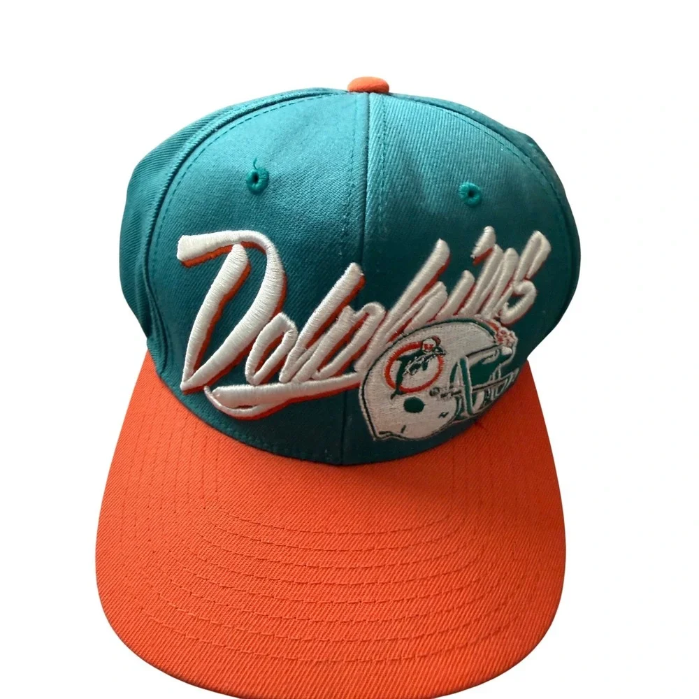 Mitchell Ness Miami Dolphins NFL Snapback Hat Teal Orange Script Logo Helmet Men